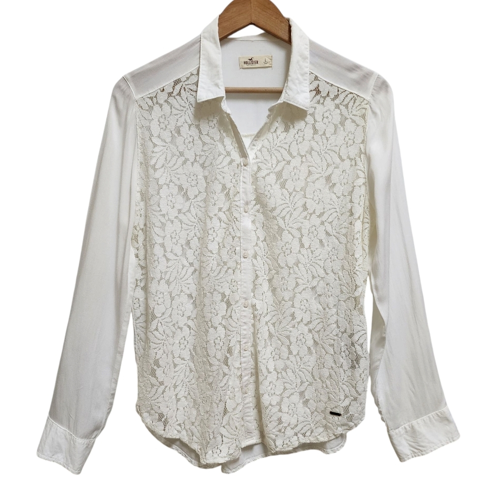 Holister Top Womens L White Floral Lace Button Up Long Sleeve Sheer Boho Beach